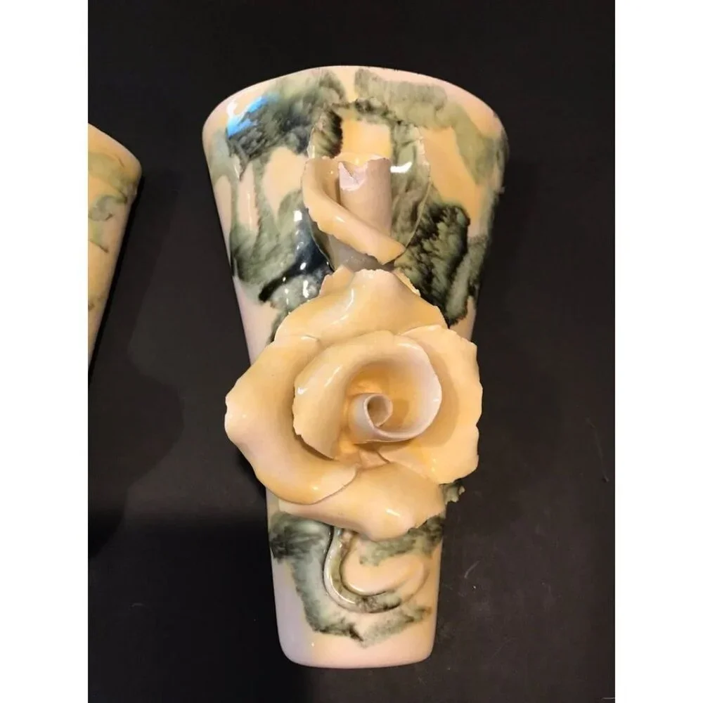 Vtg Lora Aileen Cali Green & Yellow Floral Capodimonte Wall Pocket Vase Set